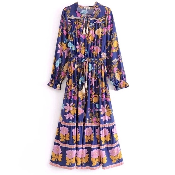 Wild Bloom Gypsy Boho Blue Floral Flowy Midi Dress - Picture 9 of 11